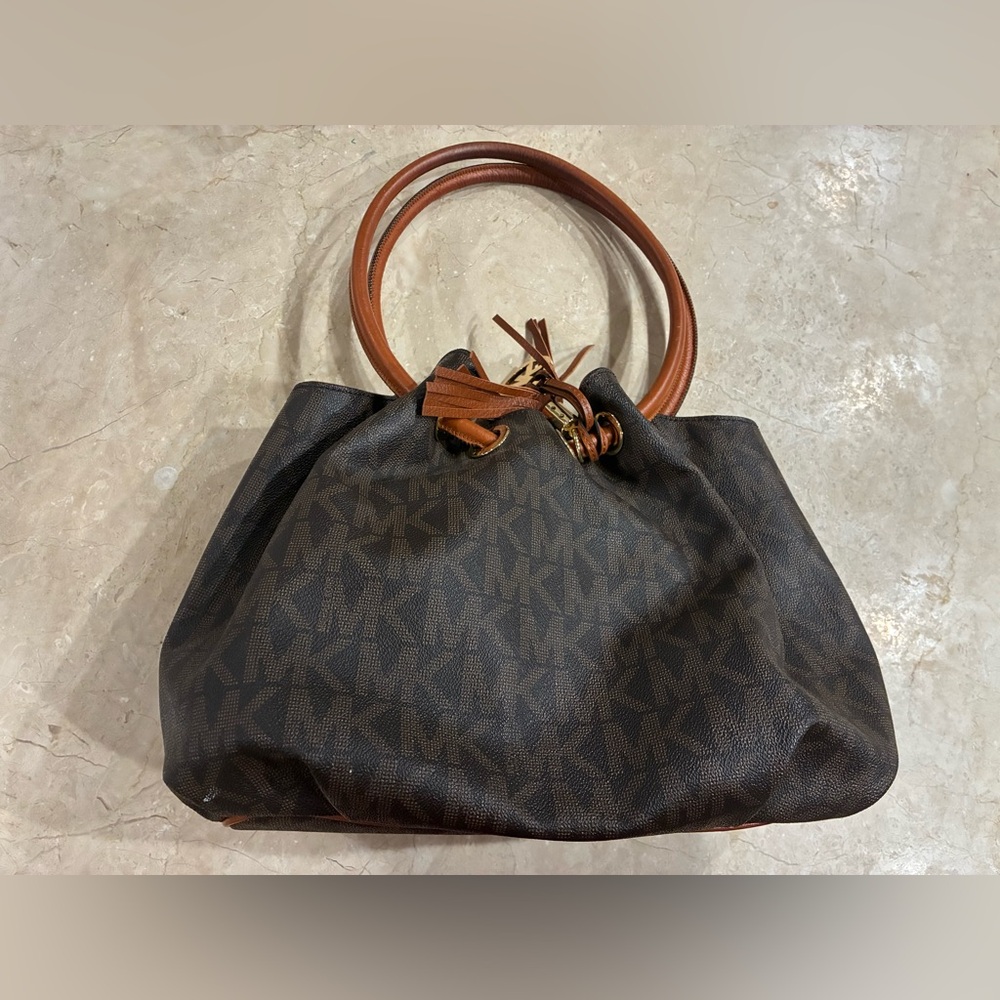 Michael Kors Signature Tassled Ring Tote Shoulder Bag Canvas in Brown